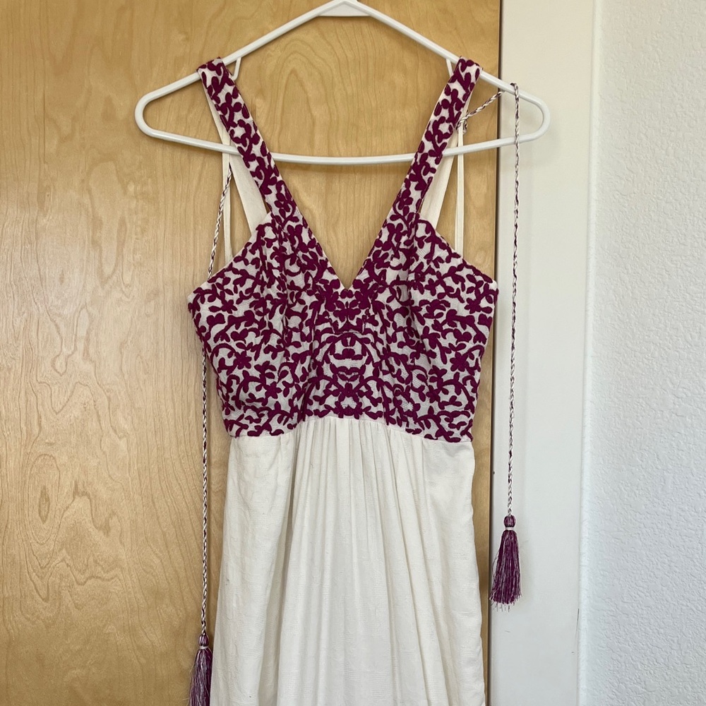 Anthropologie Cream Maxi Dress with Magenta Embroidered Bodice and Tassel Ties